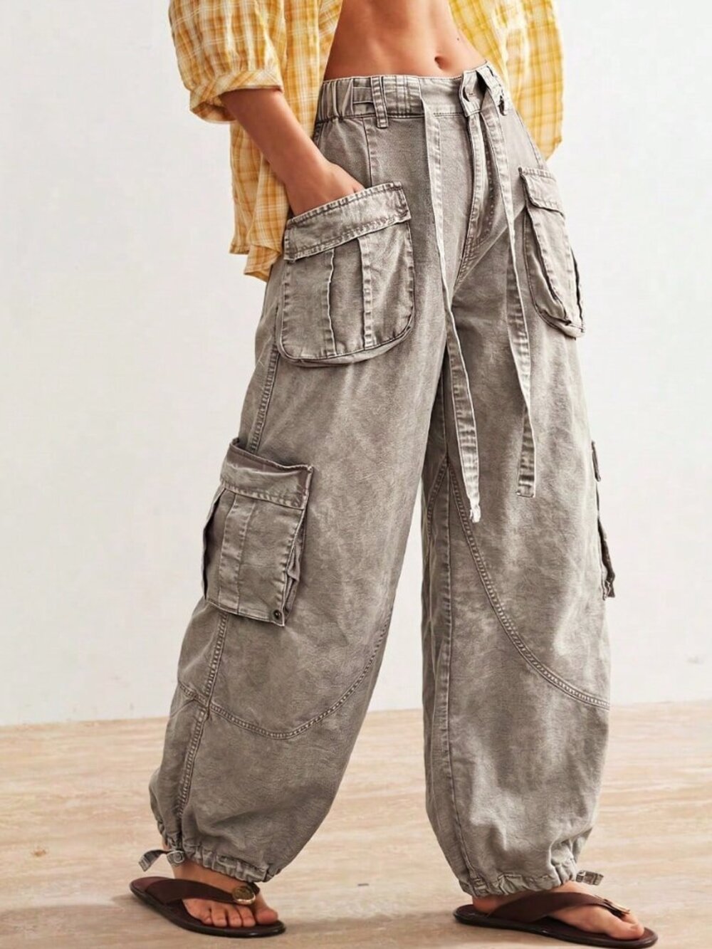 Apricot Casual Women's Woven Loose Cuffed Low Waist Loose Long Pants - Picture 8 of 10